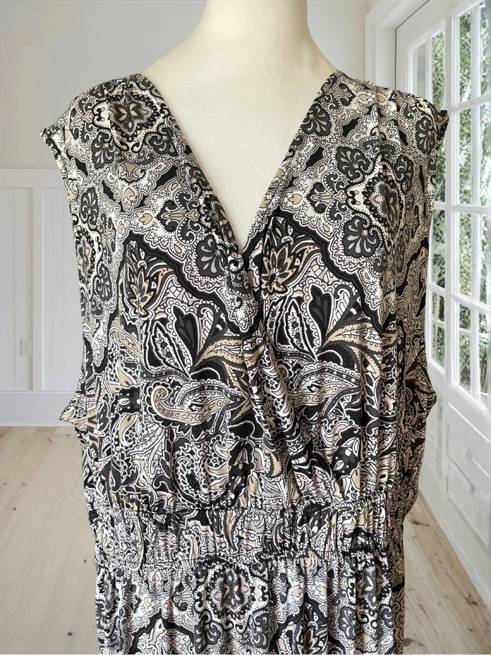 Simply Emma 1X Plus Size Paisley Boho Maxi Dress Smocked Waist V-Neck Casual - Picture 3 of 13